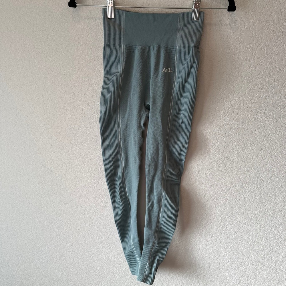 AYBL Women XS Sage Green blue Ribbed Seamless High Waisted Gym Workout Leggings